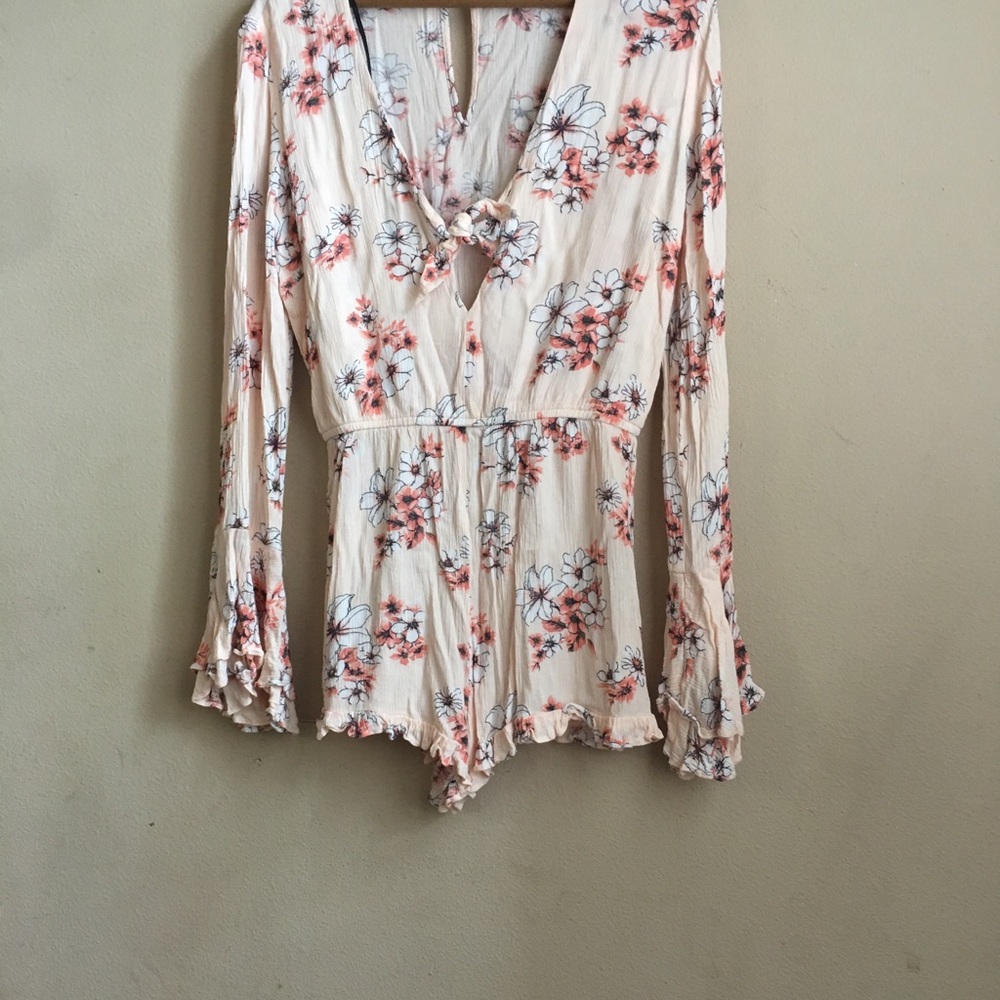 Floral Ruffle Hem Blush Double Bell Sleeve Romper!